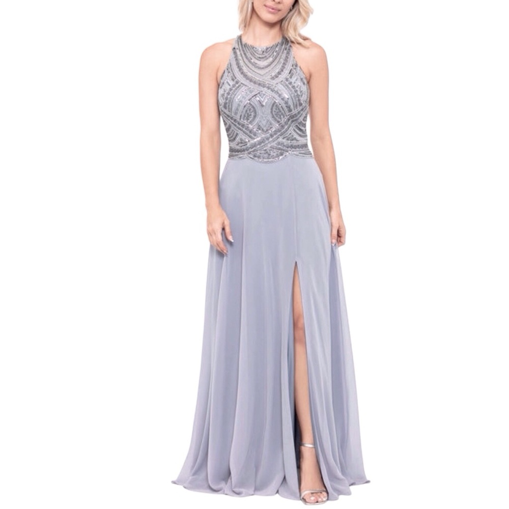Betsy And Adam Beaded Chiffon Gown Gray Halter Sleeveless Dress Size 14